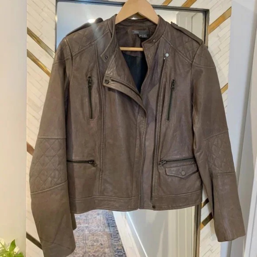 NWOT Vince Grey Leather Moto Jacket with Quilted Details - Size M